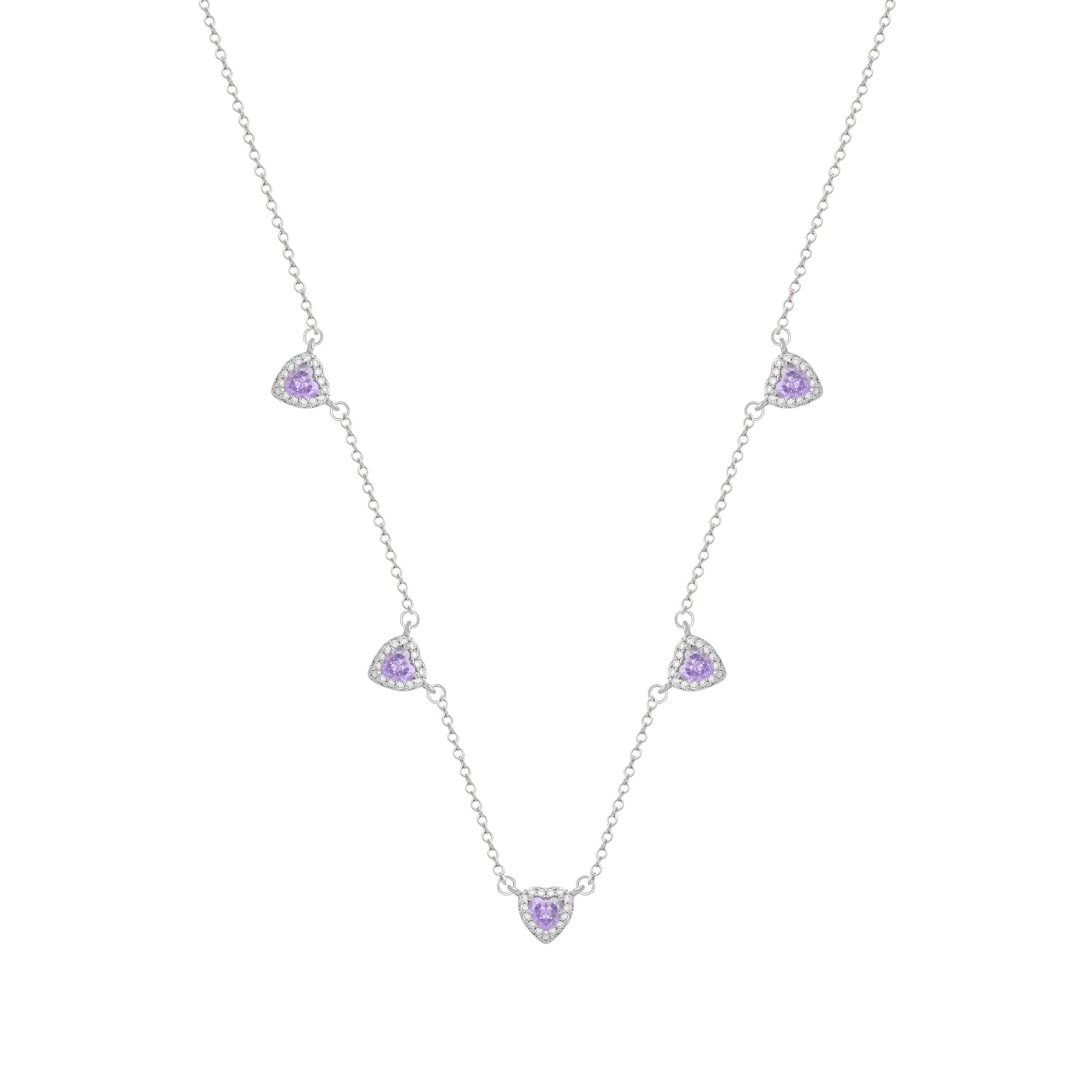 Conjunto Prateado de Coração Lilás Cravejado de Zircônia