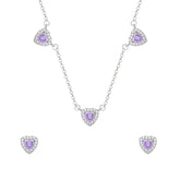 Conjunto Prateado de Coração Lilás Cravejado de Zircônia