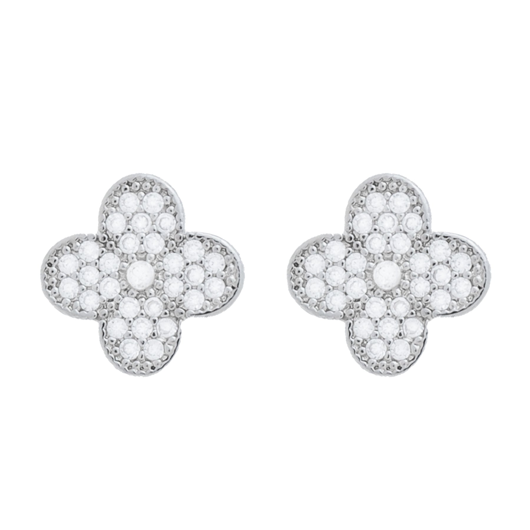 Conjunto Prateado de Trevo Cravejado de Zircônia