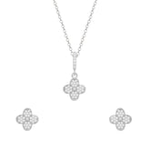 Conjunto Prateado de Trevo Cravejado de Zircônia