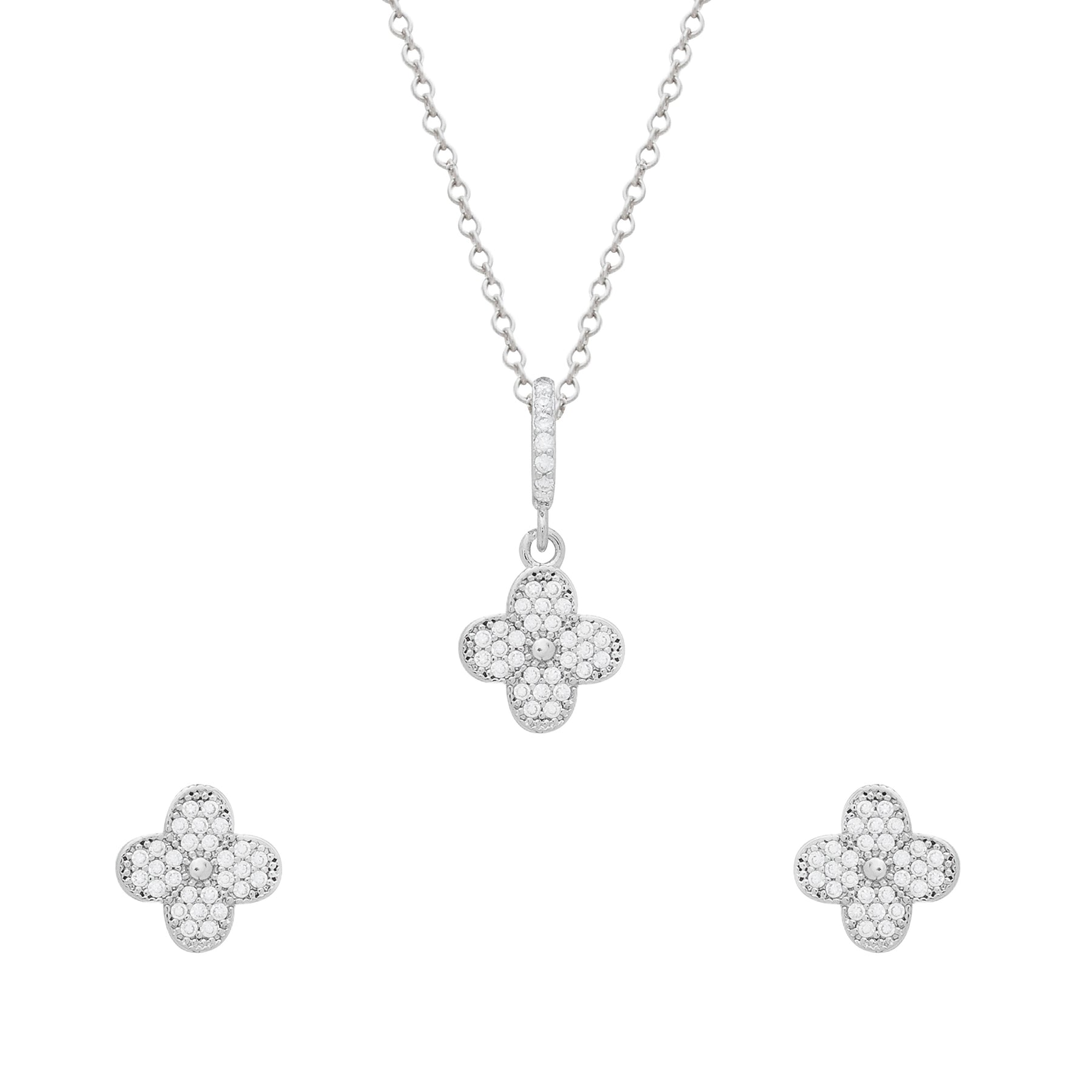 Conjunto Prateado de Trevo Cravejado de Zircônia