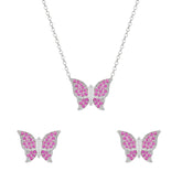 Conjunto Prateado de Borboletas Cravejado de Zircônia Rosa