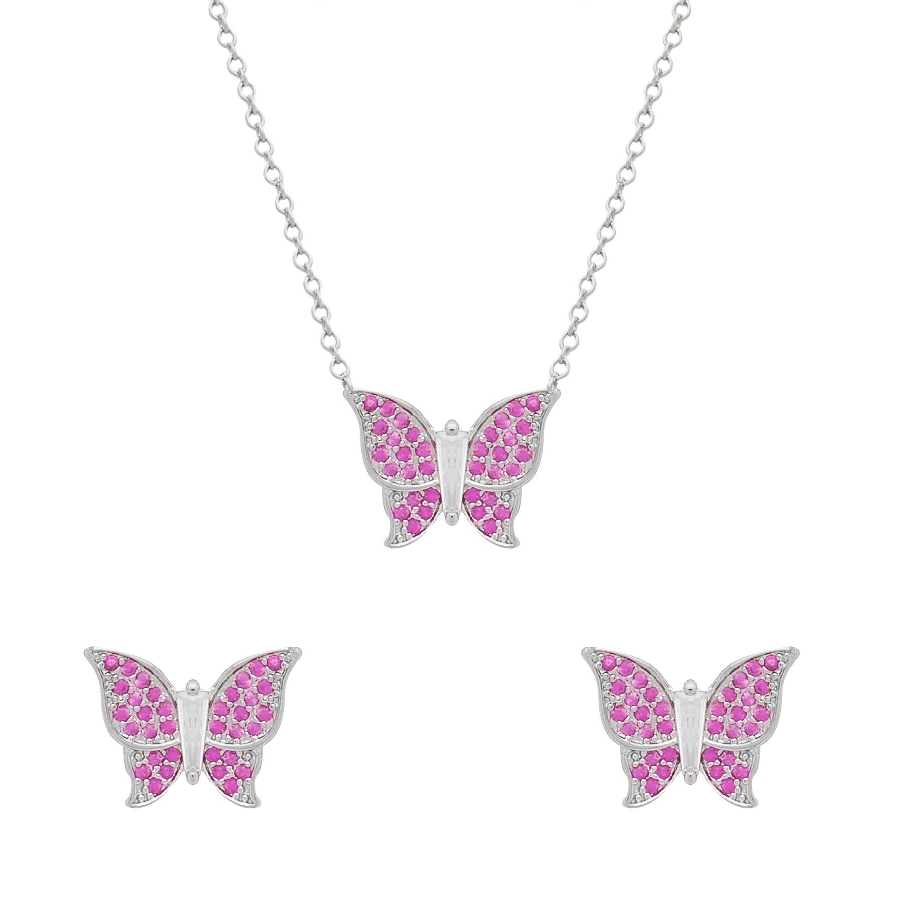 Conjunto Prateado de Borboletas Cravejado de Zircônia Rosa