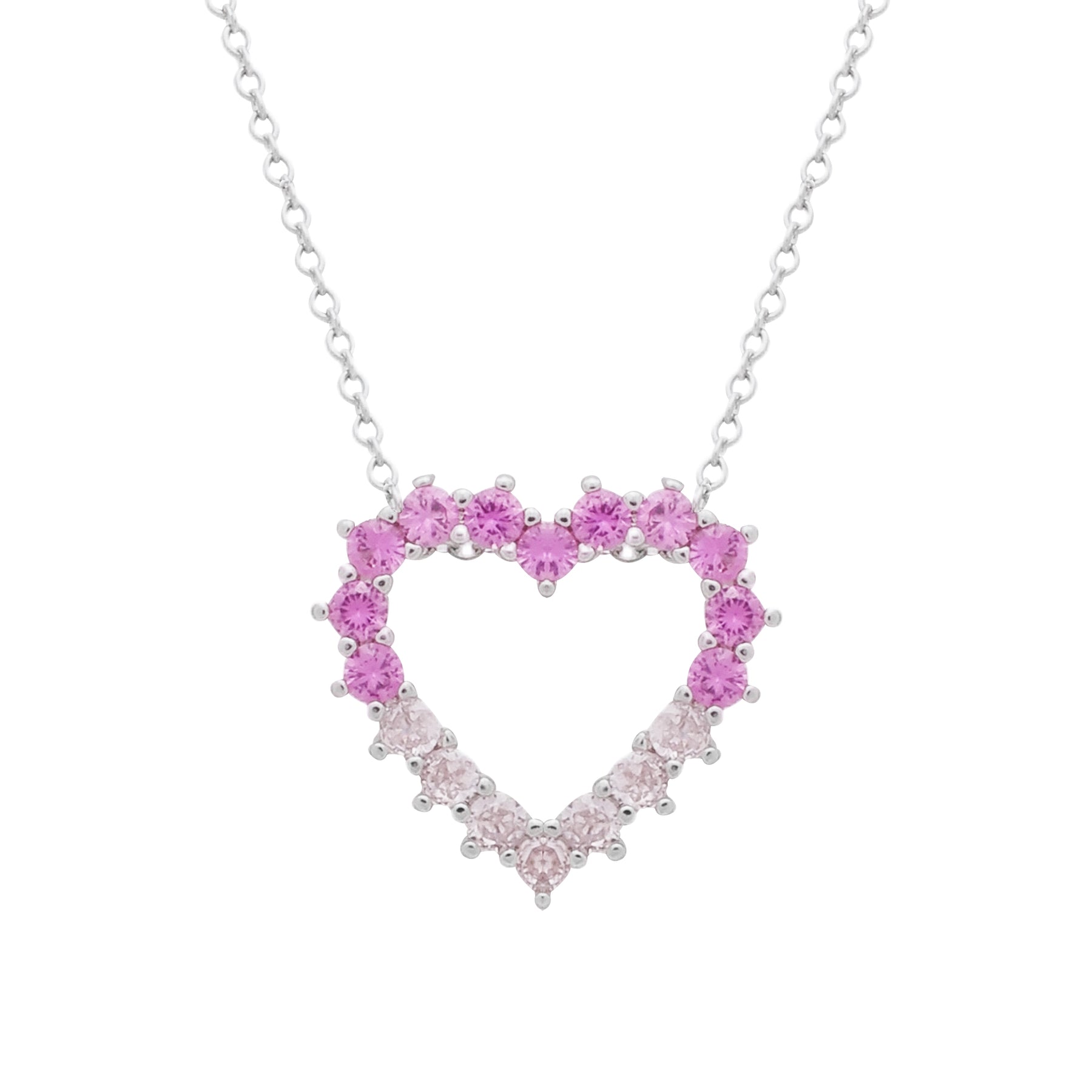 Conjunto Prateado de Coração Vazado Cravejado de Zircônia Rosa Dois Tons