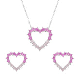 Conjunto Prateado de Coração Vazado Cravejado de Zircônia Rosa Dois Tons